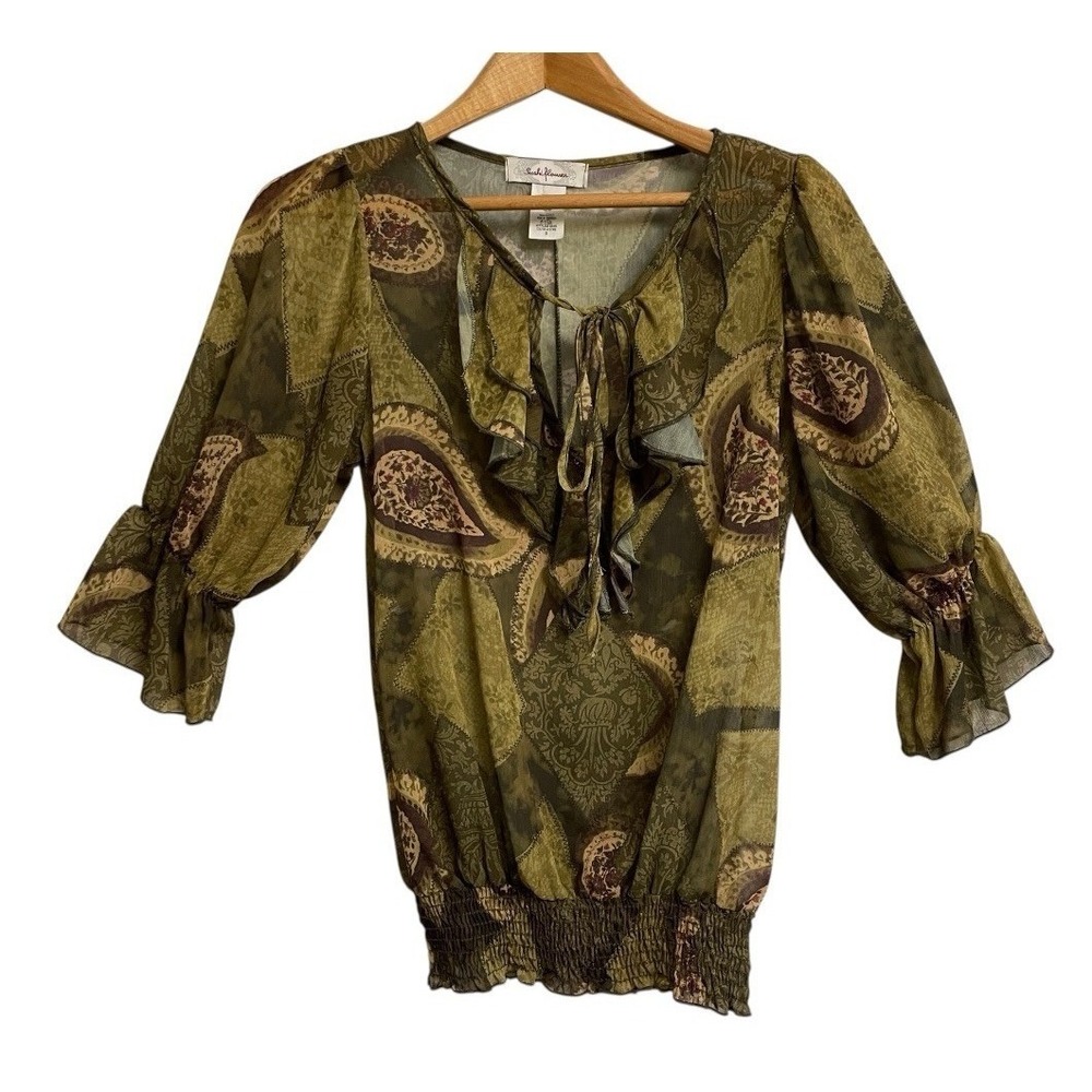 Sushi Flower Blouse Women Small Green Paisley Patchwork Ruffle Tie V-Neck Top